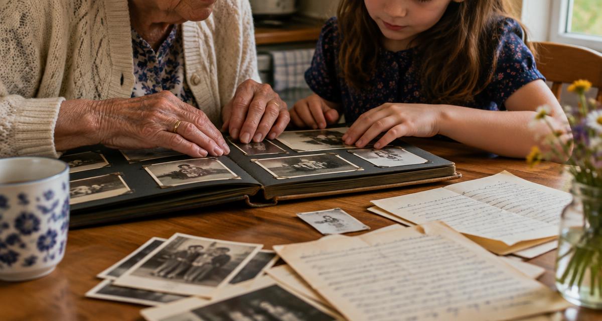 Family members sharing stories around a table
