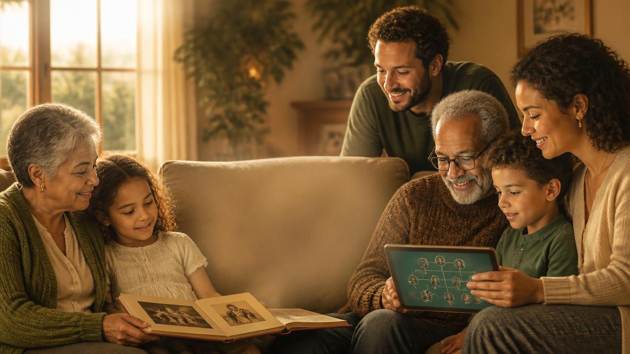 A multi-generational family looking through an old photo album and a family tree on a tablet together