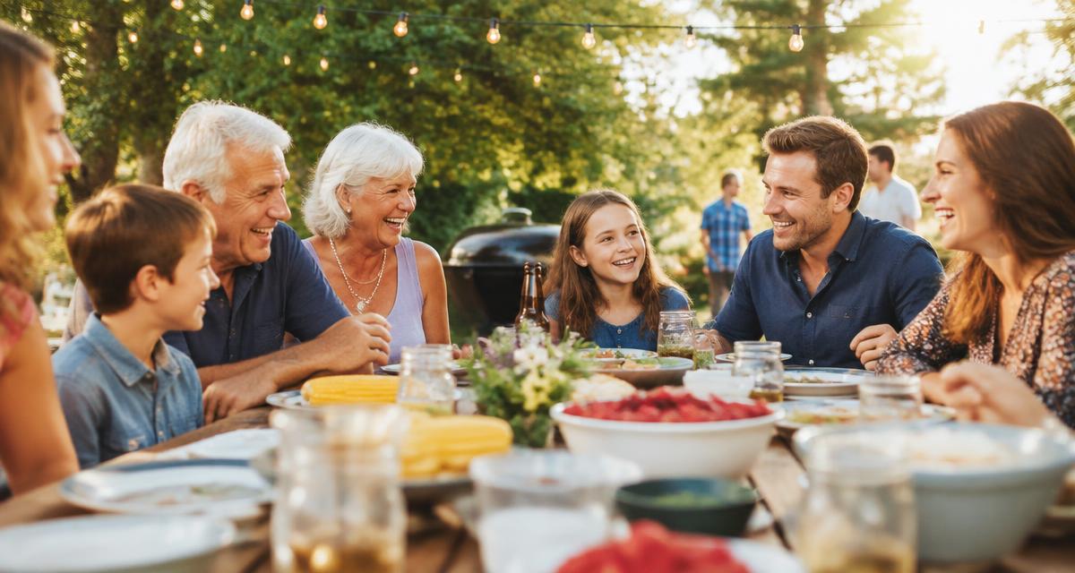 A multigenerational family laughing together around a long picnic table at an outdoor reunion