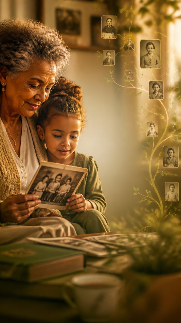 A grandmother and grandchild looking at an old family photograph beside a glowing family tree