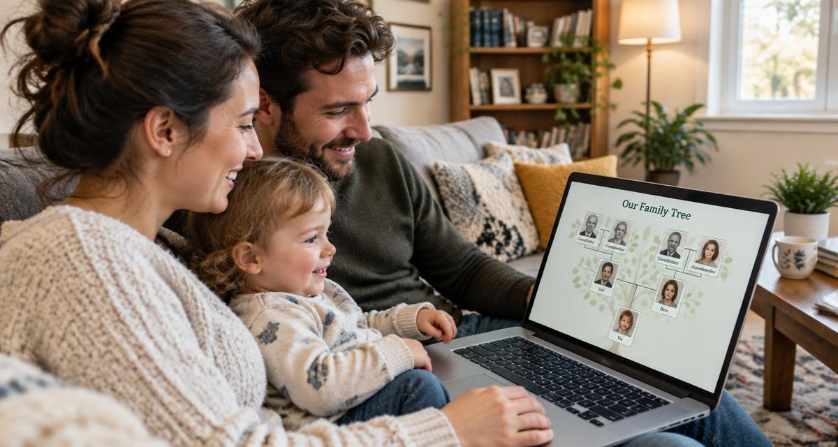 A young couple and their toddler smiling at a family tree on a laptop